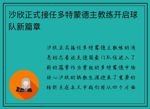 沙欣正式接任多特蒙德主教练开启球队新篇章